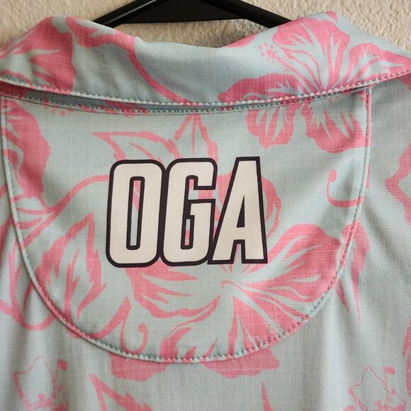 Oahu Golf Polo Shirt Mens XS Blue Pink Hibiscus Floral Performance Golf OGA UV - Picture 7 of 9